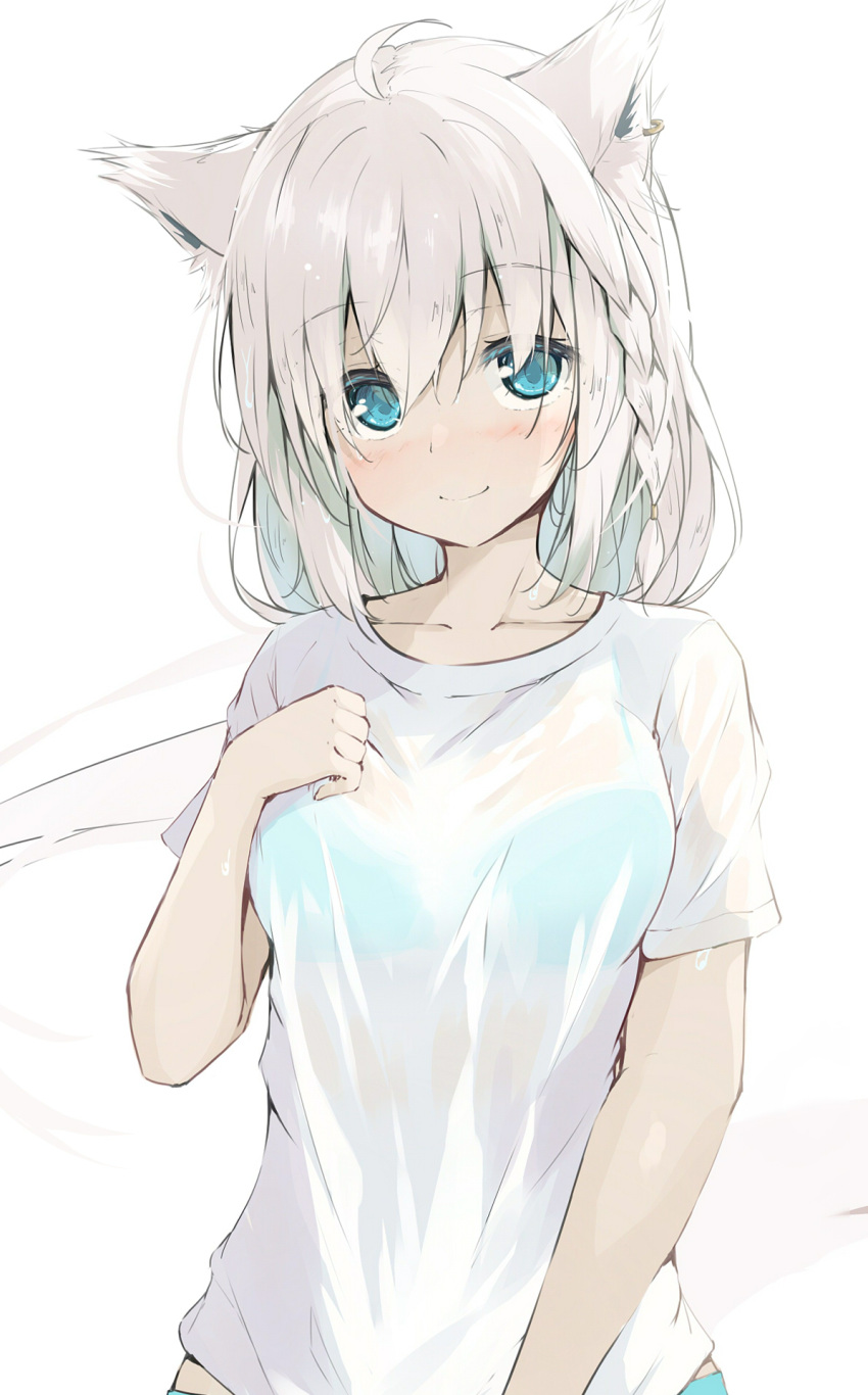 1girl, ahoge, animal_ear_fluff, animal_ears, aqua_eyes, bangs, bikini, bikini_under_clothes