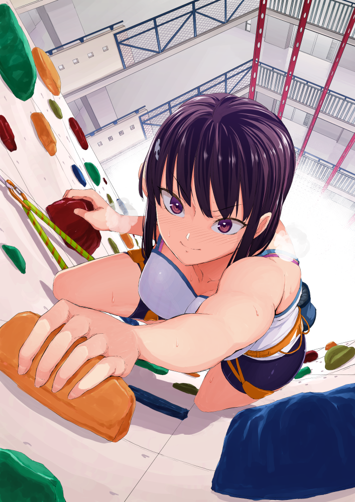 1girl, black_hair, black_shorts, brown_eyes, climbing, climbing_wall, closed_mouth, fisheye