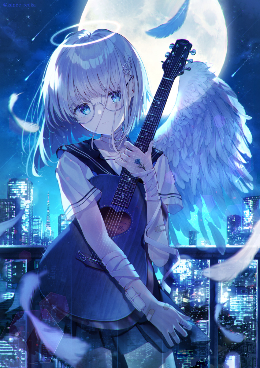 1girl, angel_wings, bandaged_arm, bandages, bandaid, bandaid_on_hand, bangs, black_sailor_collar