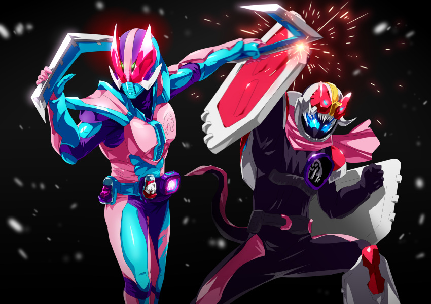 2boys, absurdres, boomerang, commentary_request, helmet, highres, kamen_rider, kamen_rider_revi, kamen_rider_revice, kamen_rider_vice, mammoth_genome, multiple_boys, otokamu, pink_armor, shield, simple_background, spark, stamp, tail, tusks, vistamp