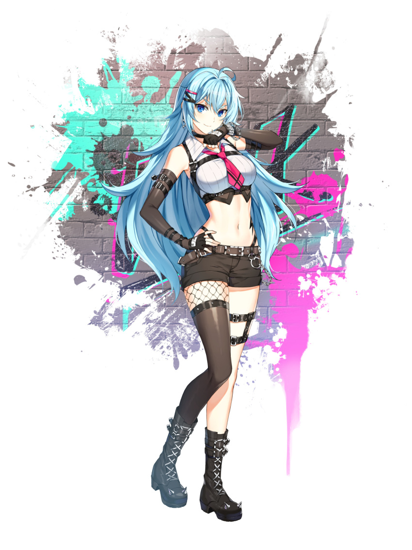 1girl, ahoge, arm_belt, arm_up, armpits, artist_request, bare_shoulders, belt