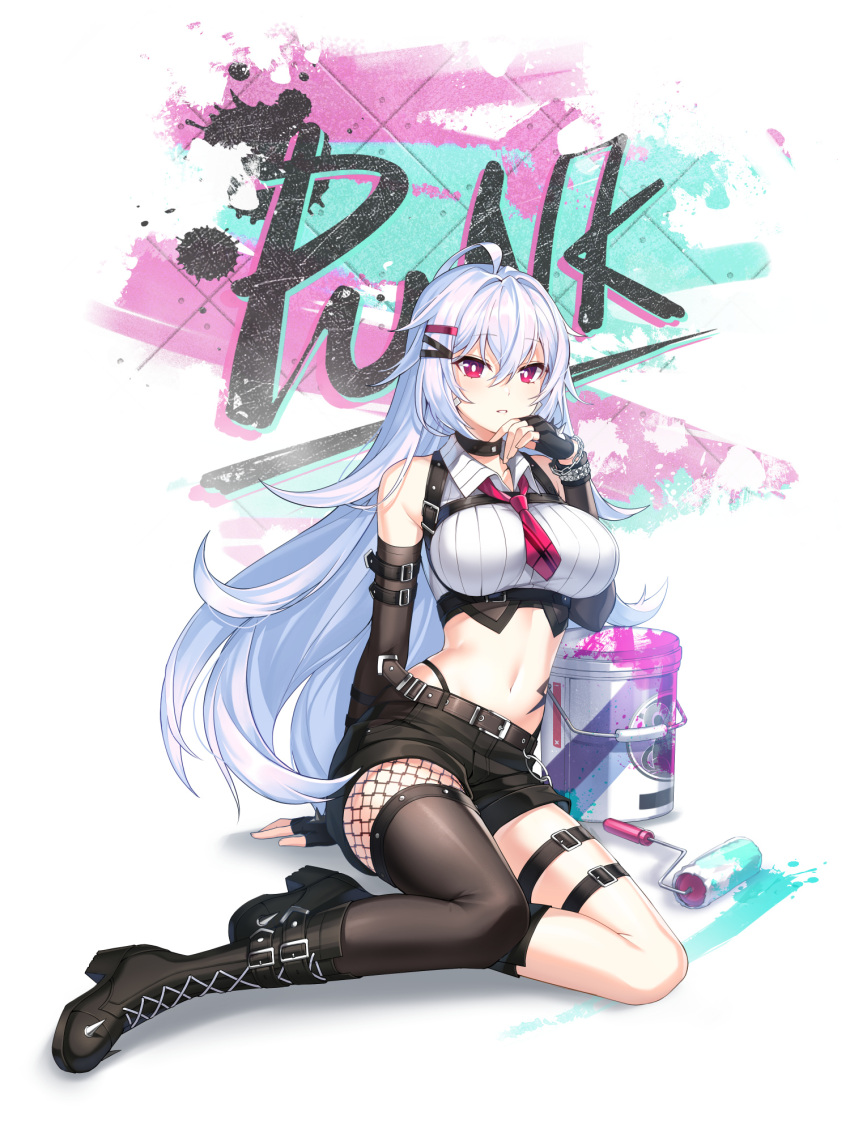 1girl, ahoge, arm_belt, artist_request, bare_shoulders, belt, black_choker, black_footwear