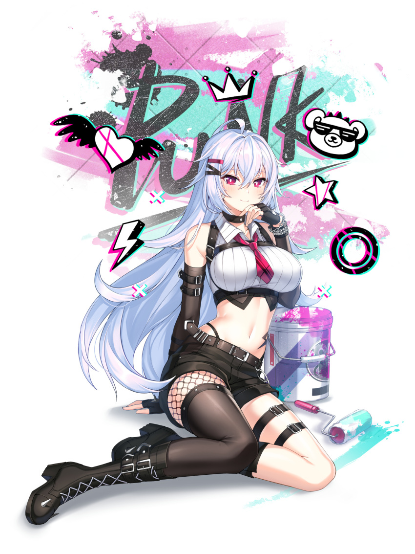 1girl, ahoge, arm_belt, artist_request, bare_shoulders, belt, black_choker, black_footwear
