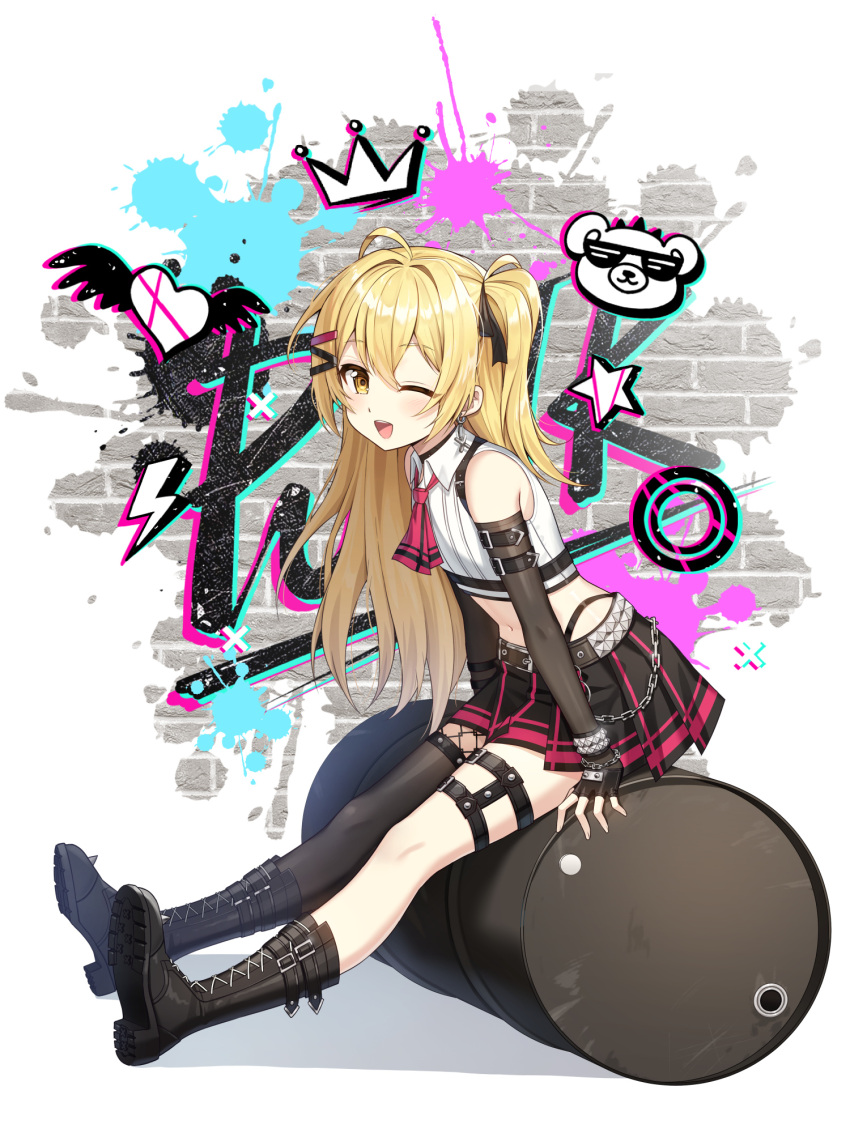 1girl, ;d, ahoge, arm_belt, artist_request, bare_shoulders, belt, black_choker