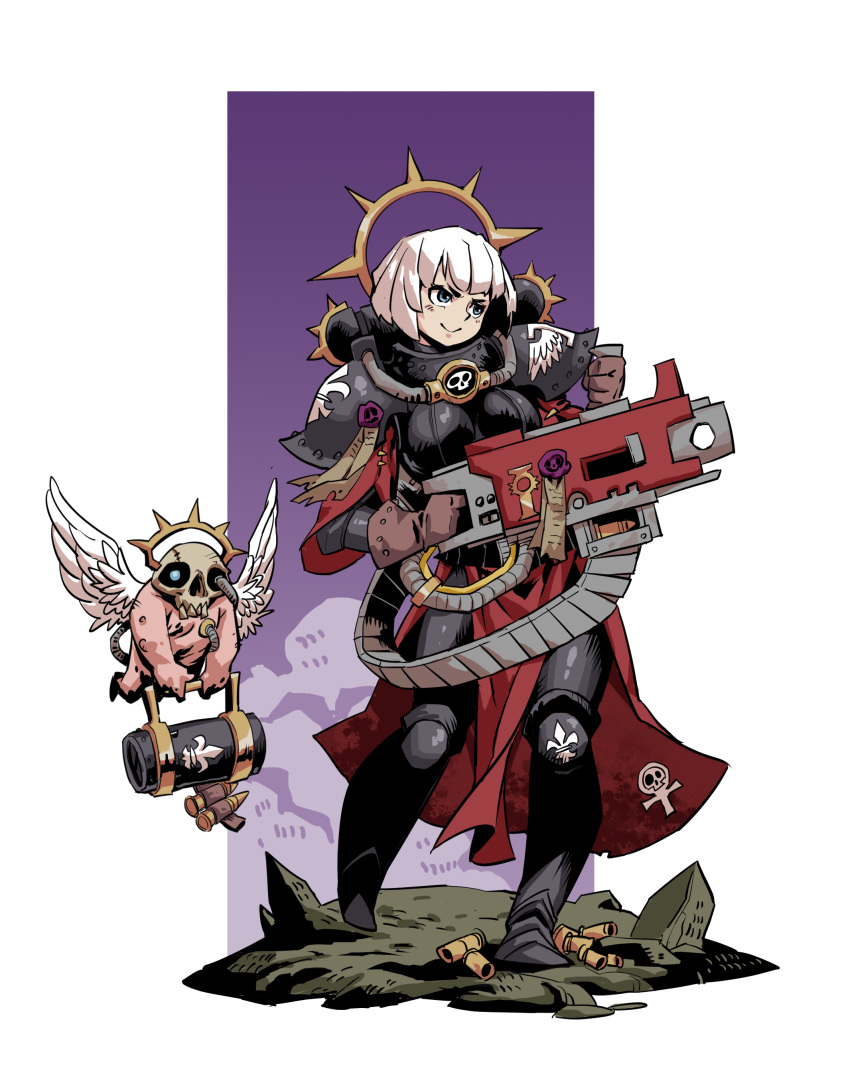 1girl, absurdres, adepta_sororitas, angel_wings, armor, bangs, bolt_pistol, bolter, breasts, cape, flamer, full_body, gun, highres, holding, holding_weapon, imperium_of_man, pauldrons, power_armor, purity_seal, purple_background, rmulderz, short_hair, shoulder_armor, simple_background, warhammer_40k, weapon, white_hair, wings