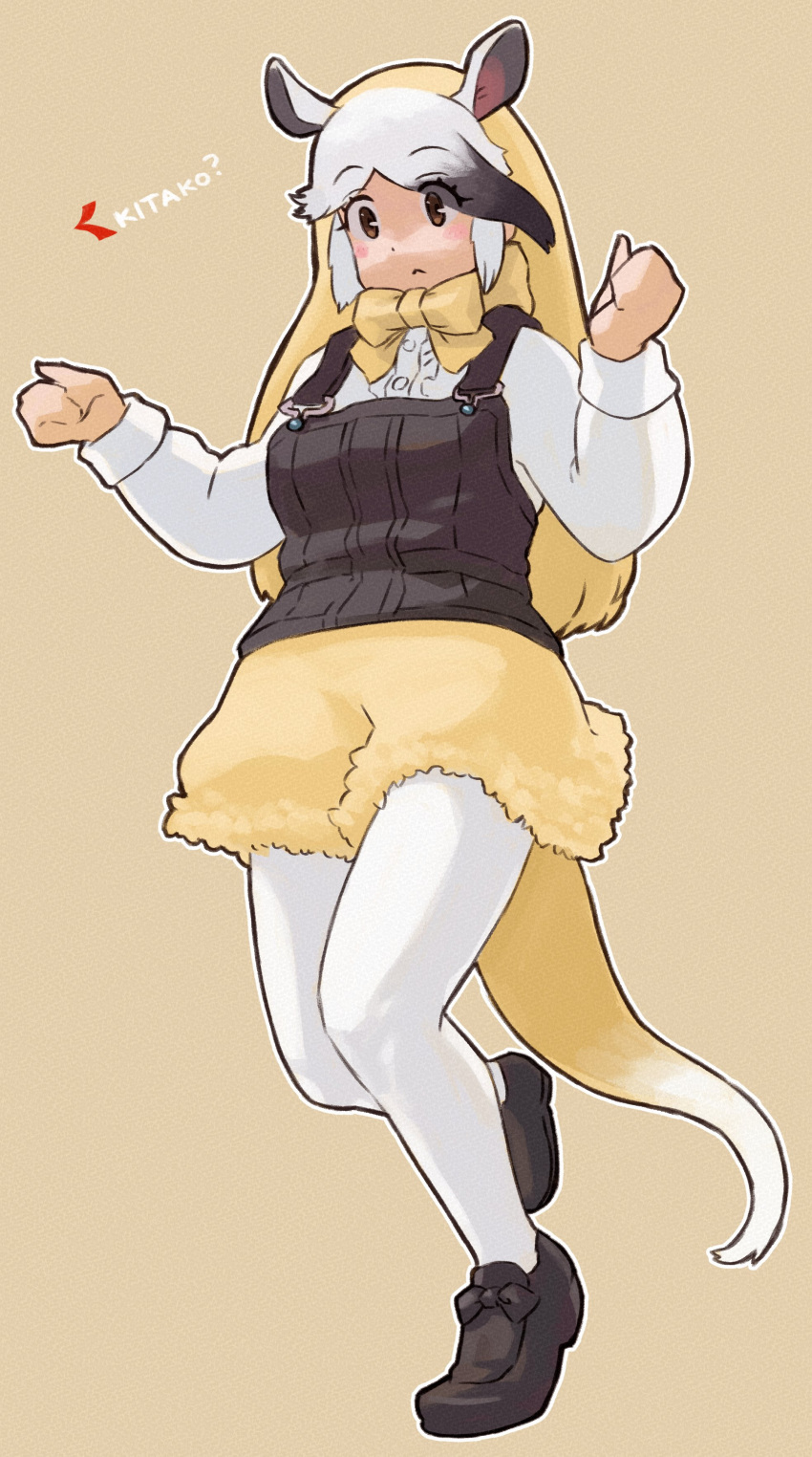 1girl, absurdres, anteater_ears, anteater_tail, black_footwear, blonde_hair, blush, bow