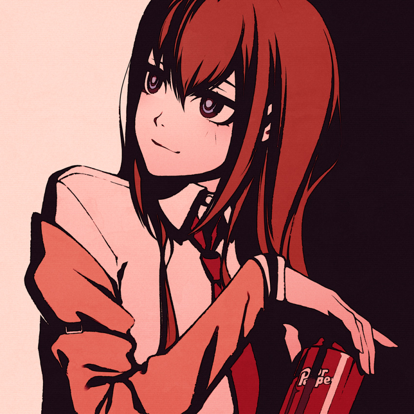 1girl, bangs, black_background, blue_eyes, brown_jacket, can, closed_mouth, commentary