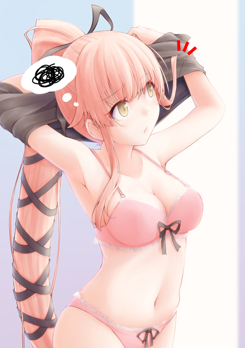 1girl, black_shirt, bra, breasts, green_eyes, hair_flaps, hair_ribbon, highres