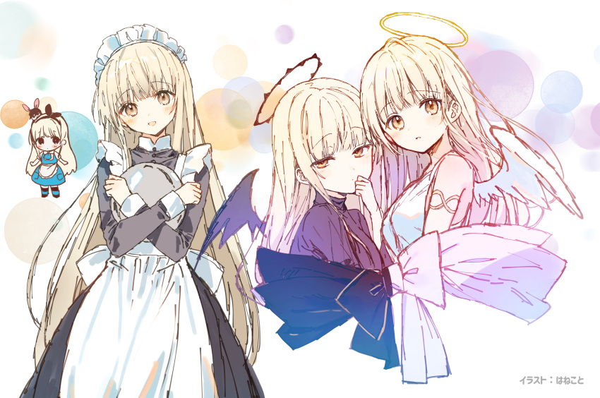 2girls, :d, absurdres, alice_(alice_in_wonderland), alice_(alice_in_wonderland)_(cosplay), alice_in_wonderland, angel_and_devil, angel_wings, animal_ears, apron, artist_name, black_ribbon, black_vs_white, black_wings, blonde_hair, blue_dress, blush, cosplay, crossed_arms, dark_halo, demon_wings, dress, frilled_apron, frills, hairband, halo, hanekoto, highres, long_hair, maid, maid_apron, maid_headdress, multiple_girls, multiple_views, open_mouth, otonari_no_tenshi-sama_ni_itsu_no_mani_ka_dame_ningen_ni_sarete_ita_ken, rabbit_ears, ribbon, second-party_source, shiina_mahiru, sketch, smile, solo, split_theme, striped, striped_legwear, very_long_hair, waist_apron, white_ribbon, white_wings, wings, wrinkled_fabric, yellow_eyes