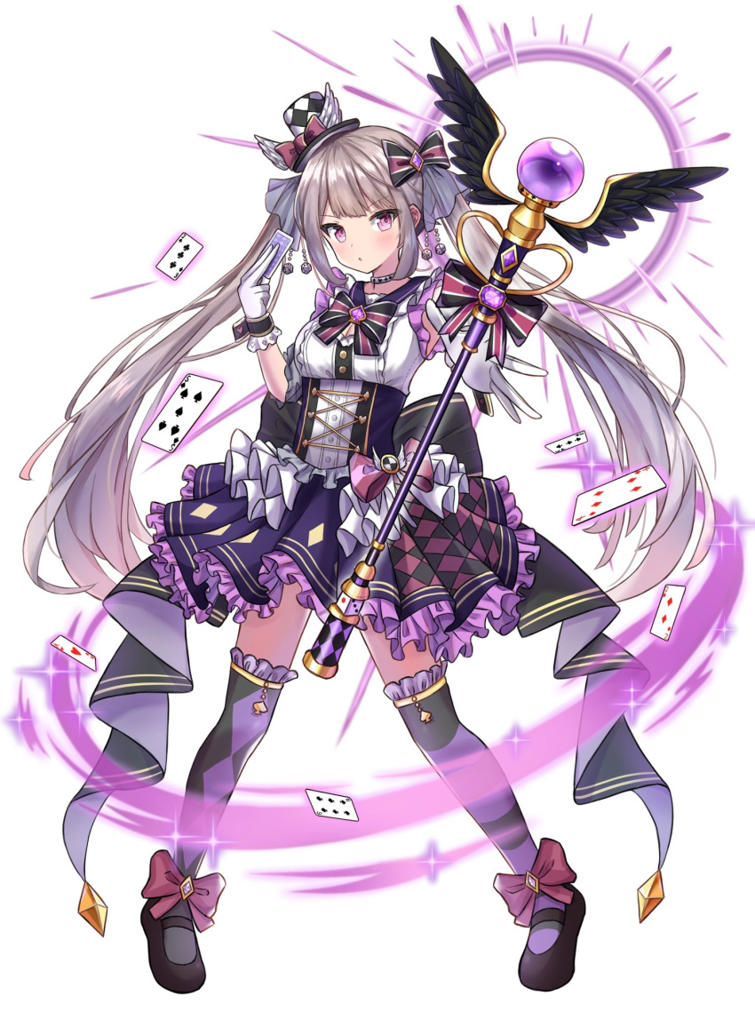 1girl, ace_of_hearts, asymmetrical_legwear, aura, bangs, black_bow, black_footwear, blunt_bangs