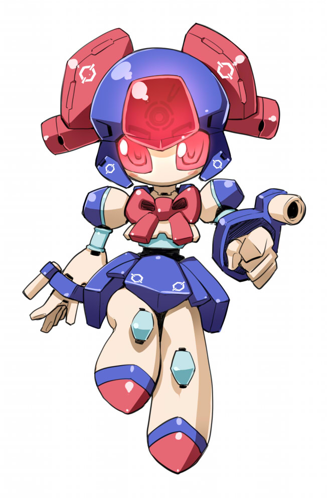 1girl, arm_cannon, blue_skirt, bow, bowtie, character_request, denki_showgun, full_body