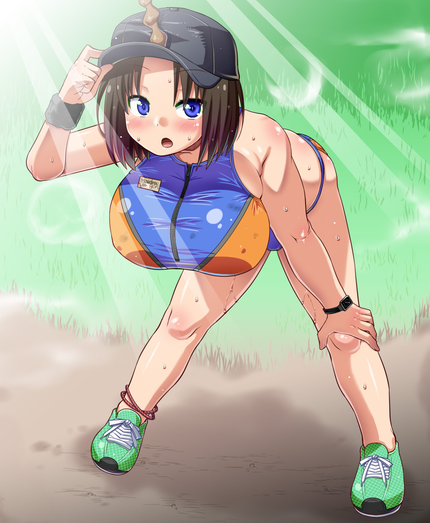1girl, :o, anklet, bangs, bare_legs, bare_shoulders, bent_over, black_headwear
