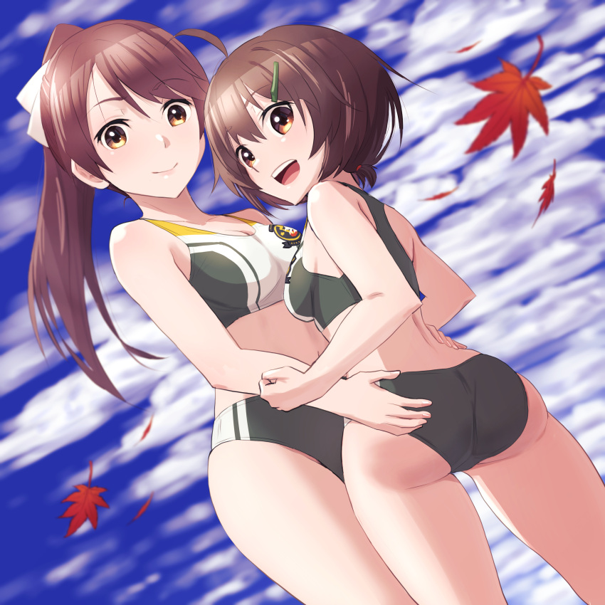 2girls, absurdres, ass, bikini, blush, brave_witches, breasts, brown_eyes