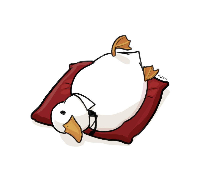 animal, animal_focus, artist_name, bird, black_neckwear, commentary, detached_collar, duck, english_commentary, godfather_duck_(nilan), highres, looking_at_viewer, lying, necktie, nilan_1999, no_humans, on_side, original, pillow, simple_background, solo, white_background