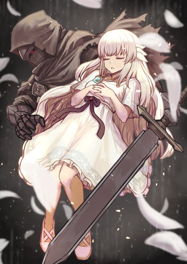1girl, 1other, armor, black_cape, black_ribbon, cape, closed_eyes, dress