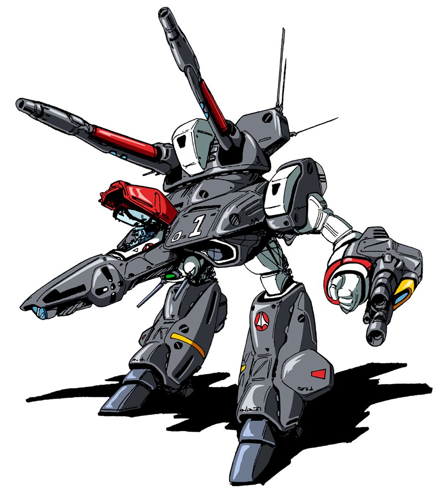 antennae, canopy_(aircraft), chad_(marchly), choujikuu_yousai_macross, cockpit, colorized, commentary, energy_cannon, gerwalk, gunpod, helmet, ichijou_hikaru, kawamori_shouji, macross, marker_(medium), mecha, official_art, open_cockpit, pen_(medium), pilot_suit, production_art, prototype, reactive_armor, redesign, rocket_launcher, roundel, shadow, simple_background, solo, traditional_media, turret, u.n._spacy, variable_fighter, vf-1, vf-1j, vf-1j_armored, walker, weapon