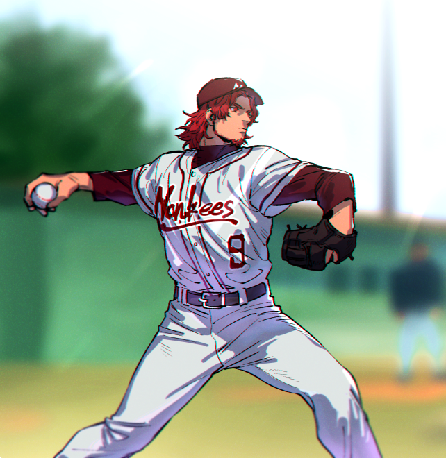 1boy, alternate_costume, ball, baseball, baseball_bat, baseball_cap, baseball_mitt, baseball_uniform