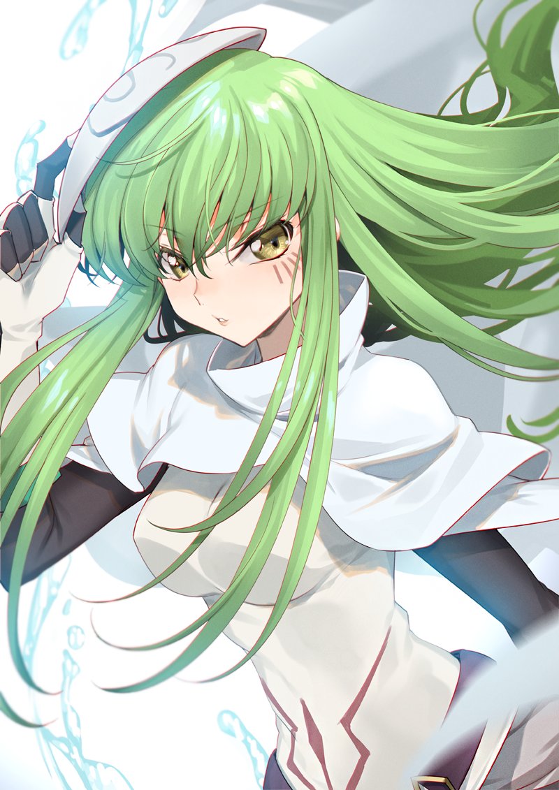 1girl, bangs, black_sleeves, c.c., cape, code_geass, cosplay, creayus