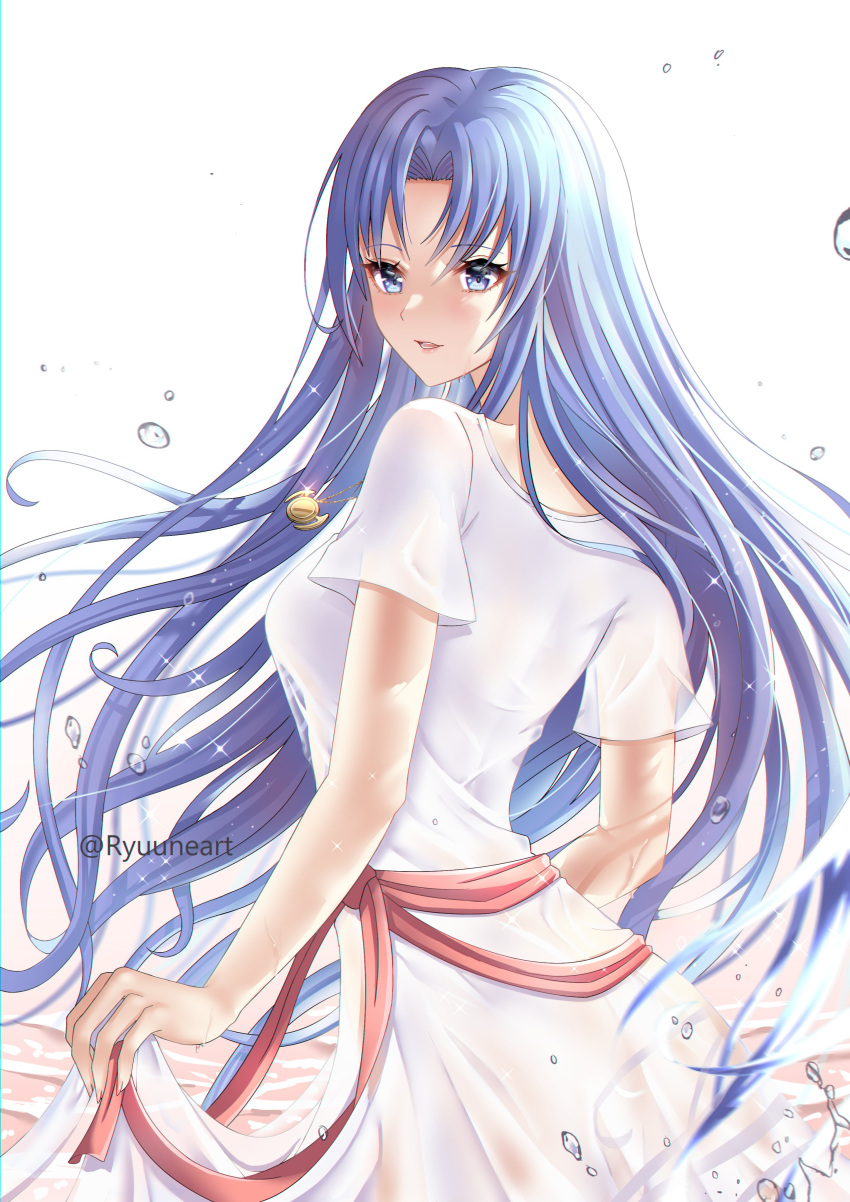 1girl, absurdres, ancient_ys_vanished, bangs, blue_eyes, blue_hair, dress, feena_(ys)