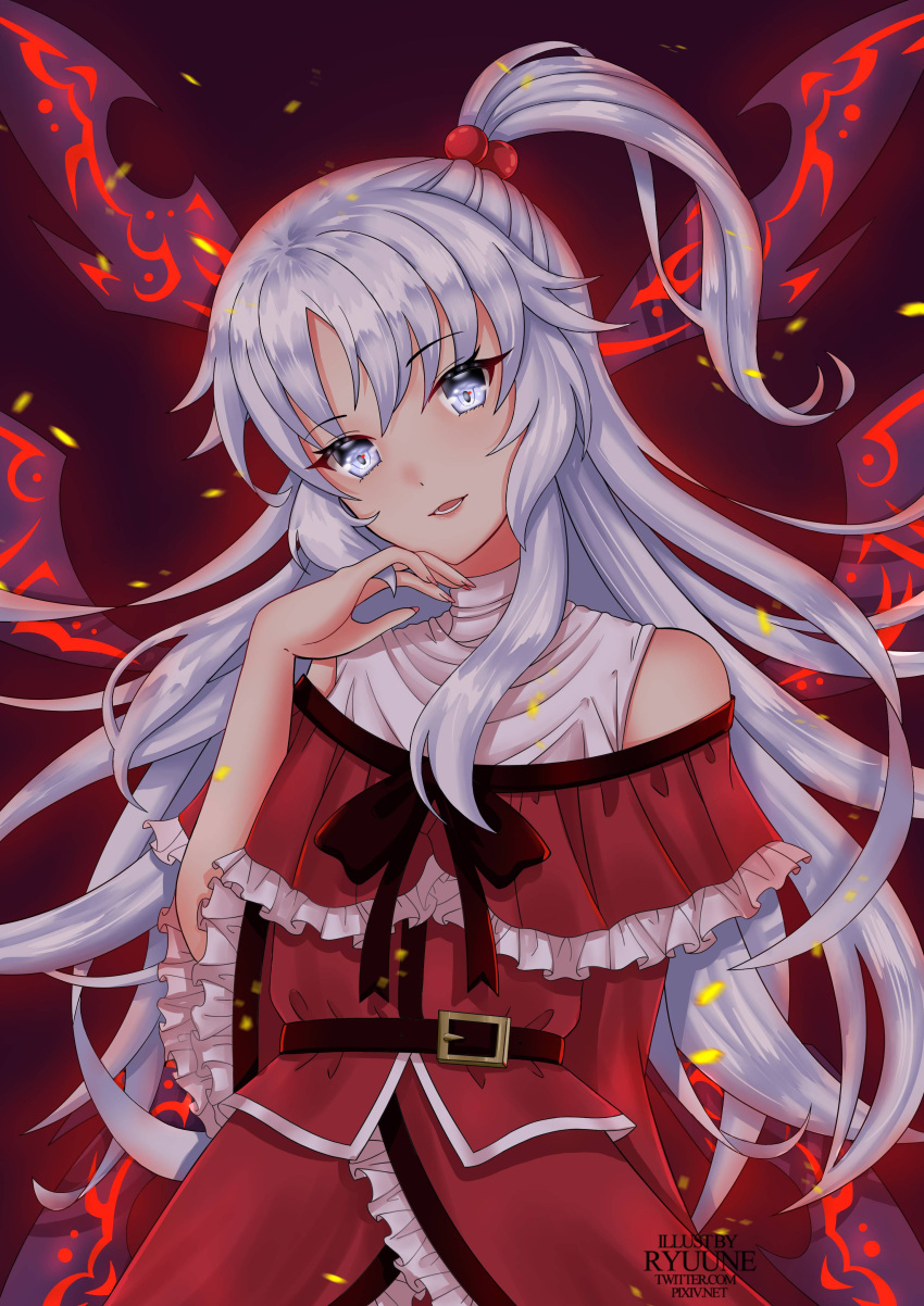 1girl, absurdres, artist_name, bangs, dress, eyebrows_visible_through_hair, floating_hair, grey_eyes