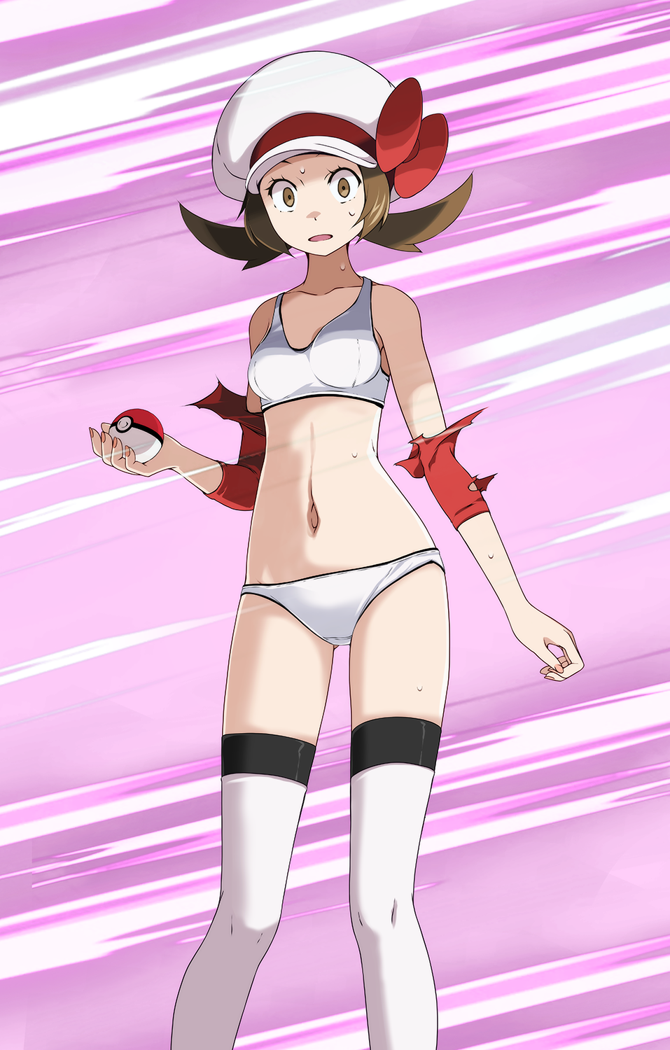 1girl, bow, bra, breasts, brown_eyes, brown_hair, collarbone, detached_sleeves
