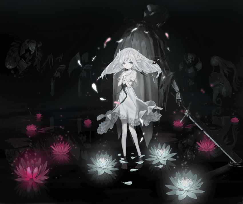 1other, 2boys, 4girls, armor, back-to-back, barefoot, black_cape, black_ribbon