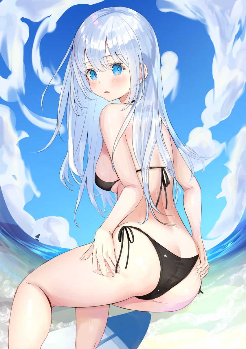 1girl, absurdres, ass, back, bangs, bare_legs, bikini, black_bikini, blue_eyes, blue_sky, blunt_bangs, boat, breasts, butt_crack, clouds, commentary, curved_horizon, eyebrows_visible_through_hair, hands_on_own_ass, highres, long_hair, looking_at_viewer, medium_breasts, open_mouth, original, outdoors, sailboat, sakura_yuu_(hzjy8485), sideboob, sidelocks, silver_hair, skirt, sky, solo, standing, surfboard, surfing, swimsuit, thighs, watercraft