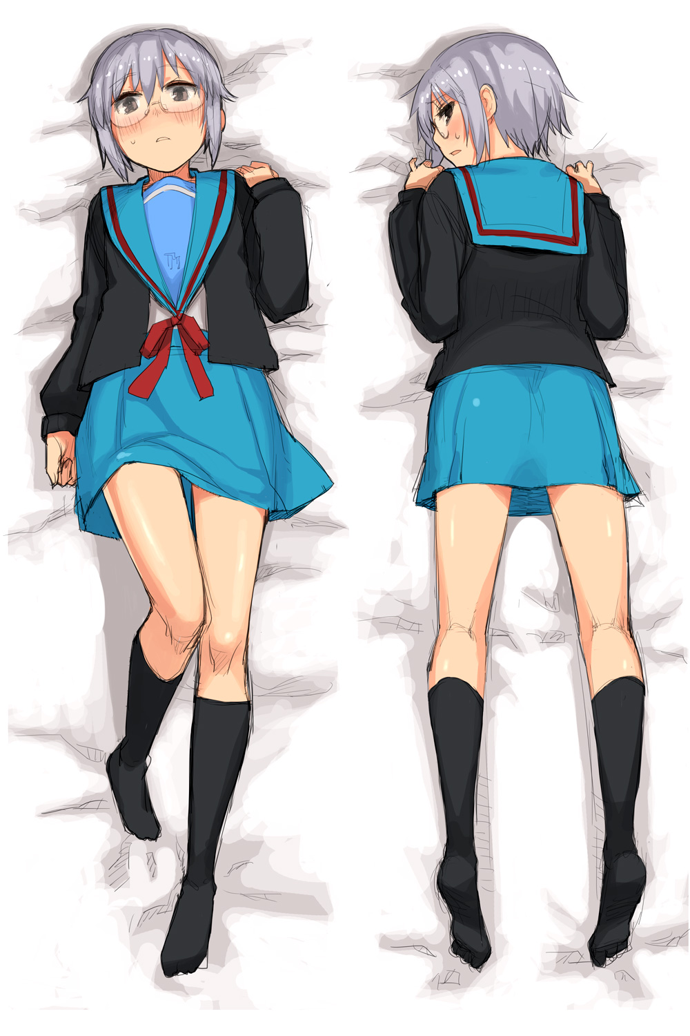 brown_eyes, cardigan, dakimakura, feet, glasses, grey_hair, highres, kneepits