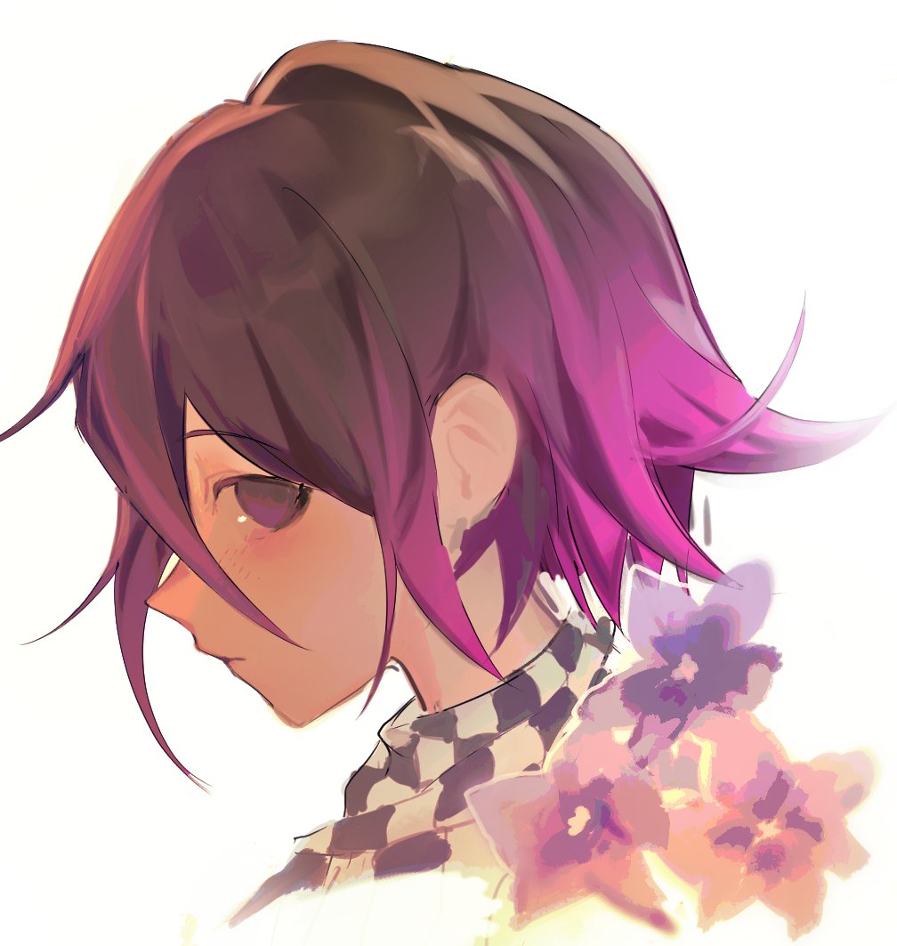1boy, bangs, cropped_shoulders, danganronpa_(series), danganronpa_v3:_killing_harmony, eyebrows_visible_through_hair, flipped_hair, flower