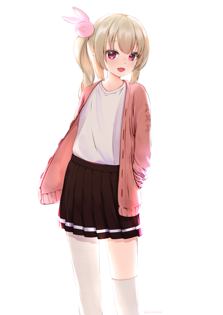 1girl, absurdres, bangs, blonde_hair, blush, copyright_request, furuka_graffiti, highres, long_sleeves, looking_at_viewer, open_mouth, pink_eyes, pleated_skirt, side_ponytail, simple_background, skirt, smile, solo, tagme
