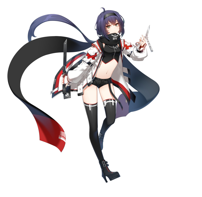 1girl, absurdres, ahoge, artist_request, balisong, belt, black_footwear, black_legwear