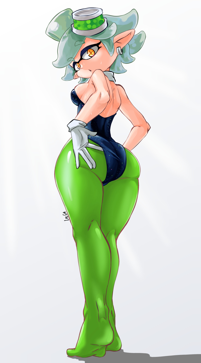 +_+, 1girl, adjusting_clothes, ass, backless_outfit, bare_shoulders, breasts, domino_mask, earrings, eyebrows_visible_through_hair, food, food_on_head, from_behind, from_below, full_body, gloves, green_legwear, highres, idol, jewelry, laz_gm, leotard, light_rays, looking_at_viewer, looking_back, marie_(splatoon), mask, medium_breasts, mole, mole_under_eye, no_shoes, object_on_head, orange_eyes, pointy_ears, short_hair, shoulder_blades, sideboob, signature, simple_background, skindentation, solo, splatoon_(series), splatoon_2, squid, tentacle_hair, white_hair
