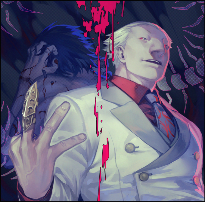 2boys, back-to-back, black_background, blonde_hair, brown_hair, bug, centipede, claw_ring, collared_shirt, dual_persona, hair_slicked_back, hand_up, jacket, looking_at_viewer, male_focus, multiple_boys, necktie, omori_yakumo, pectorals, print_neckwear, red_shirt, shirt, short_hair, smile, tokyo_ghoul, upper_body, upper_teeth, white_jacket, zoo_(oukakumaku)