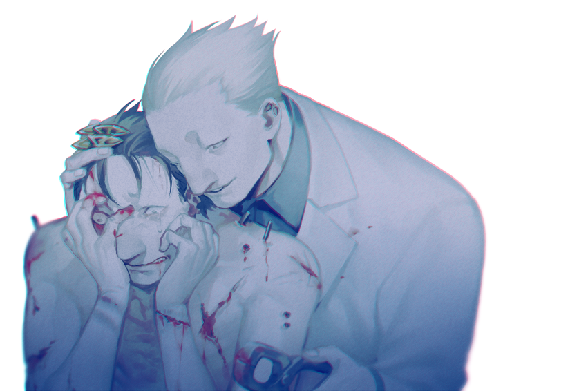 2boys, bangs, black_shirt, blonde_hair, blood, blood_on_hands, brown_hair, collared_shirt