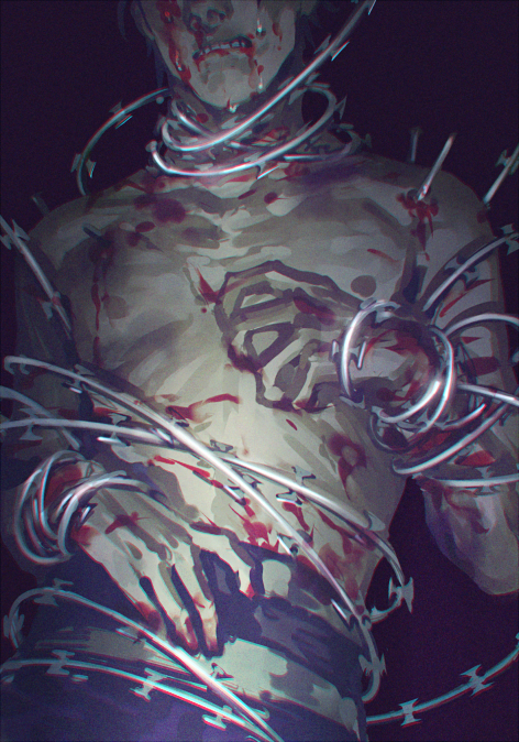 1boy, black_background, blood, blood_on_arm, blood_on_face, chain, clenched_teeth, hand_up
