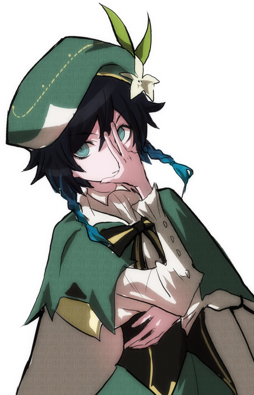 1boy, bangs, black_hair, blue_hair, braid, cape, danganronpa_(series), enoshima_junko