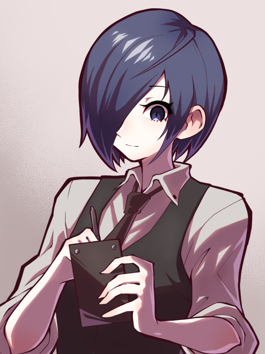 1girl, absurdres, bangs, black_neckwear, black_vest, blue_eyes, closed_mouth, collared_shirt, gradient, gradient_background, grey_shirt, hair_over_one_eye, highres, holding, holding_pen, kirishima_touka, necktie, pen, shiny, shiny_hair, shirt, short_hair, sleeves_pushed_up, smile, solo, tokyo_ghoul, tsumiki_(tsu_miki), upper_body, vest, waitress, writing