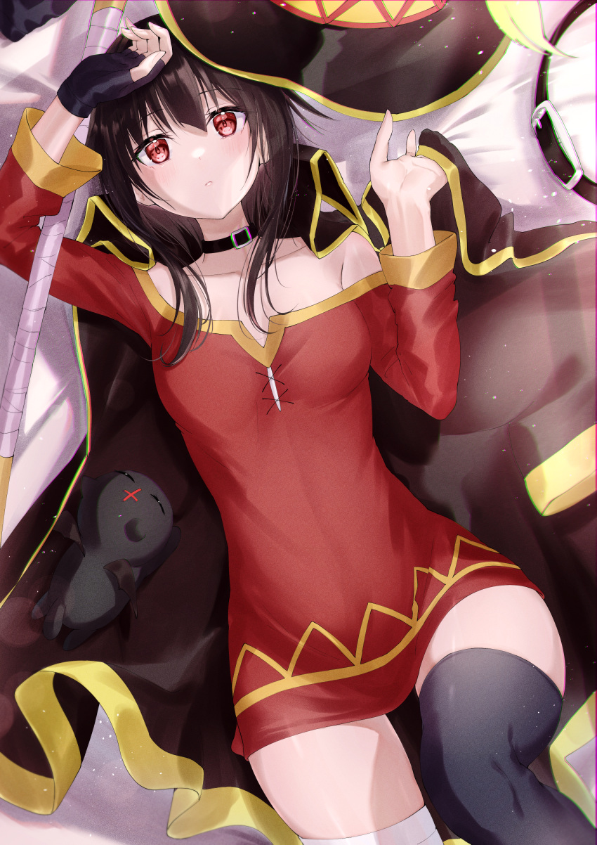 1girl, adjusting_clothes, bandaged_leg, bandages, bangs, bare_shoulders, bat_wings, bed_sheet, belt, belt_removed, belzebu, black-belt, black_cape, black_cat, black_choker, black_gloves, black_headwear, black_legwear, blush, breasts, brown_hair, cape, cat, choker, chomusuke, chromatic_aberration, closed_eyes, closed_mouth, collarbone, commentary, curled_fingers, dress, expressionless, fingerless_gloves, from_above, gloves, hair_between_eyes, hat, hat_removed, headwear_removed, highres, knee_up, kono_subarashii_sekai_ni_shukufuku_wo!, looking_up, lying, meen_(ouaughikepdvrsf), megumin, off-shoulder_dress, off_shoulder, on_back, on_bed, red_dress, red_eyes, short_dress, short_hair, short_hair_with_long_locks, sidelocks, single_glove, single_thighhigh, sleeping, small_breasts, solo, thigh-highs, thigh_gap, wings, witch_hat