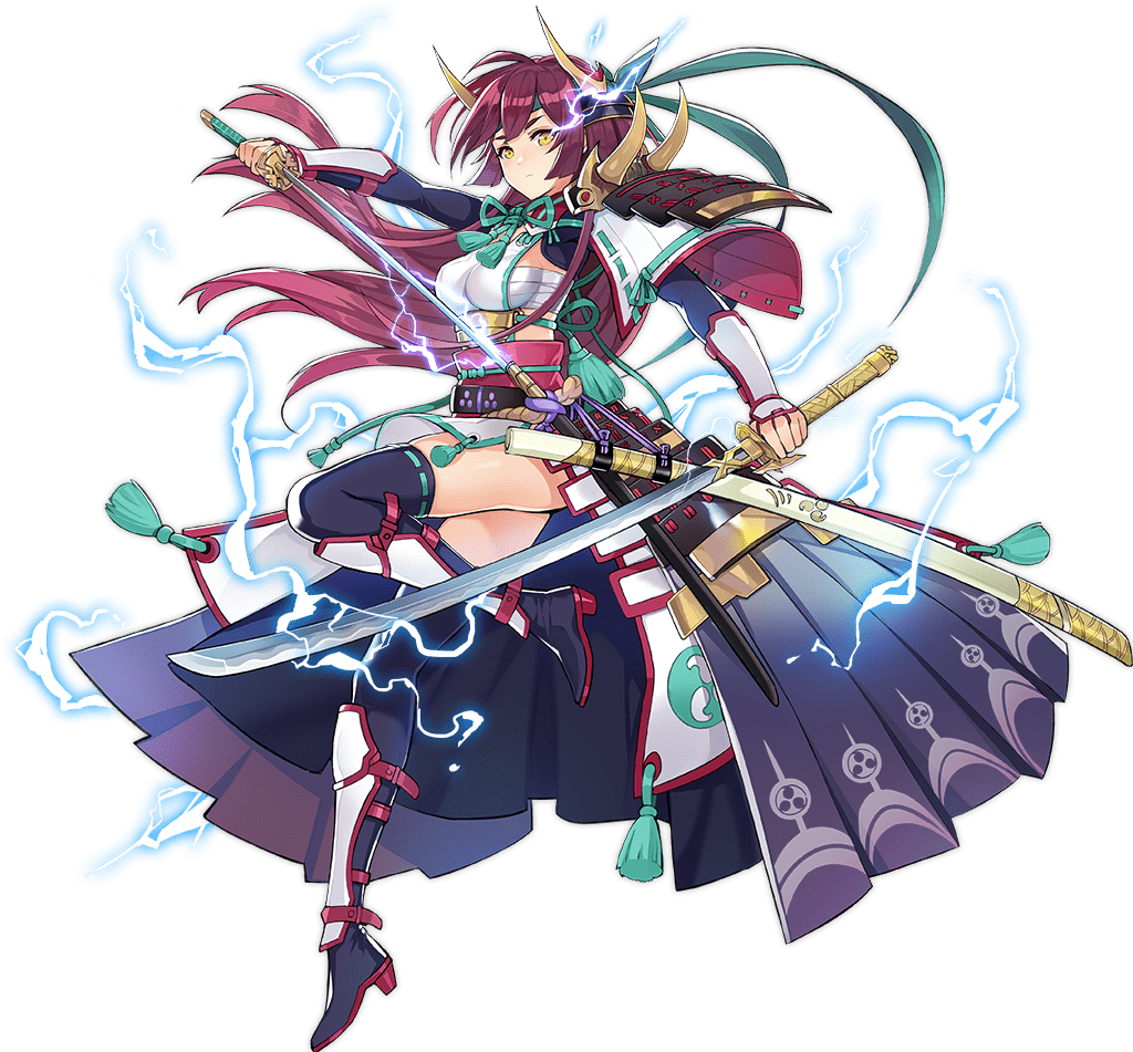 1girl, ark_order, artist_request, bangs, black_skirt, boots, breasts, dual_wielding, electricity, full_body, green_ribbon, headband, holding, holding_sword, holding_weapon, horns, katana, large_breasts, long_hair, long_sleeves, looking_at_viewer, obi, obijime, official_art, purple_hair, red_sash, ribbon, ribbon-trimmed_footwear, ribbon_trim, sarashi, sash, sheath, sideboob, sidelocks, skirt, solo, sword, tachi-e, takemikazuchi_(ark_order), tassel, thigh-highs, thigh_boots, transparent_background, unsheathing, weapon, yellow_eyes