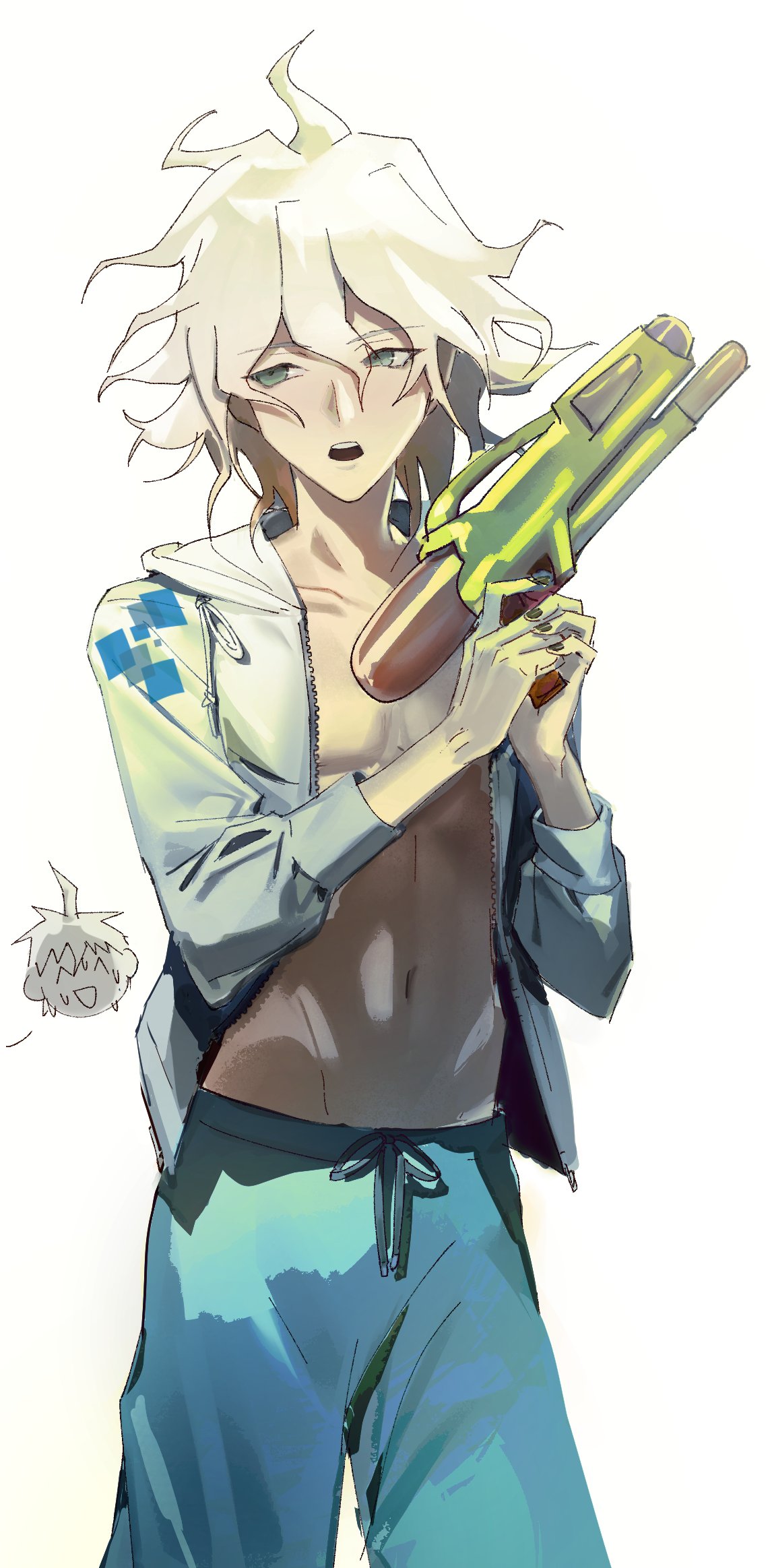 1boy, ahoge, bangs, black_nails, character_print, collarbone, danganronpa_(series), danganronpa_2:_goodbye_despair