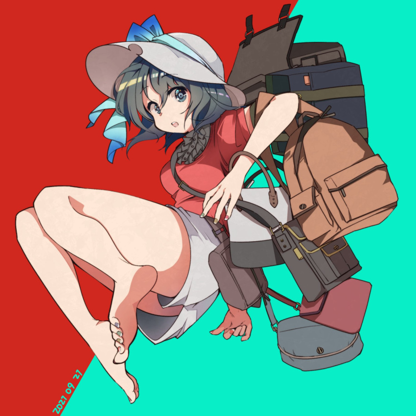 1girl, adapted_costume, backpack, bag, bare_legs, barefoot, black_hair, black_undershirt