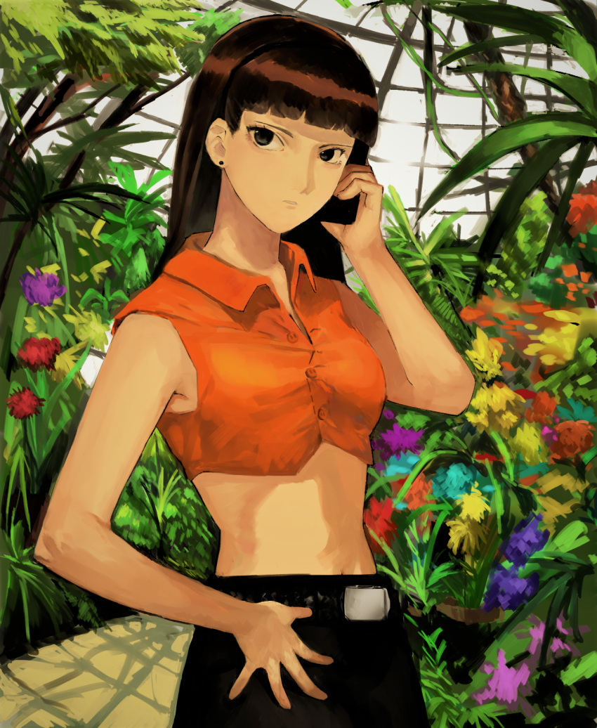 1girl, bangs, belt_buckle, black_eyes, blunt_bangs, breasts, brown_hair, buckle