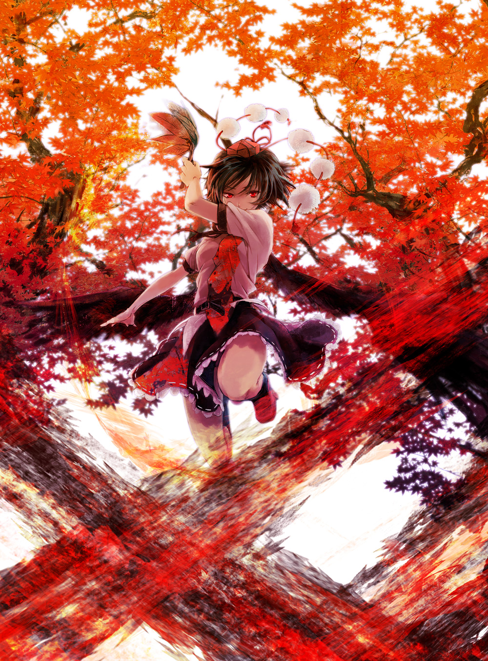 black_wings, fan, geta, hat, highres, miyuki_ruria, miyukiruria, red_eyes