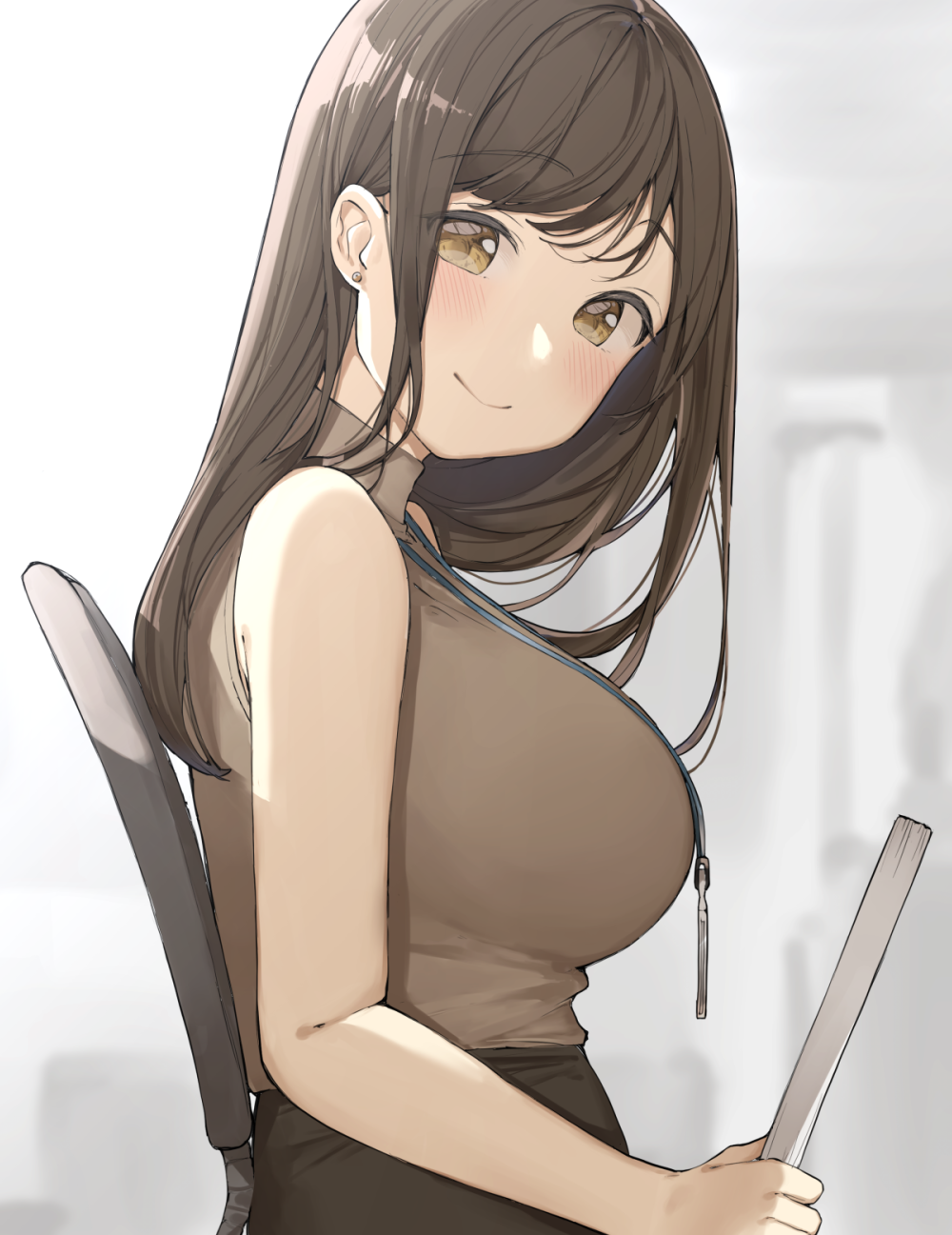 1girl, bangs, bare_shoulders, blush, breasts, brown_eyes, brown_skirt, chair