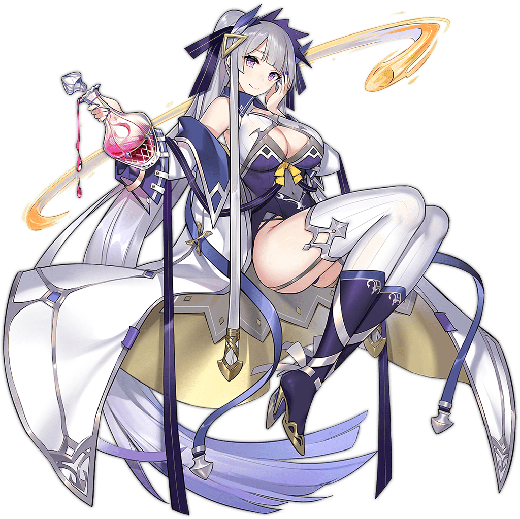 1girl, aquarius_(ark_order), ark_order, ass, bangs, blue_bow, blue_footwear, blue_nails, boots, bow, breasts, coat, covered_navel, flask, full_body, garter_straps, grey_hair, hair_bow, hatoyama_itsuru, high_heel_boots, high_heels, high_ponytail, holding, holding_flask, large_breasts, leotard, liquid, long_hair, off_shoulder, official_art, potion, purple_leotard, silver_trim, solo, tachi-e, thigh-highs, transparent_background, very_long_hair, violet_eyes, white_bow, white_coat, white_legwear, yellow_bow