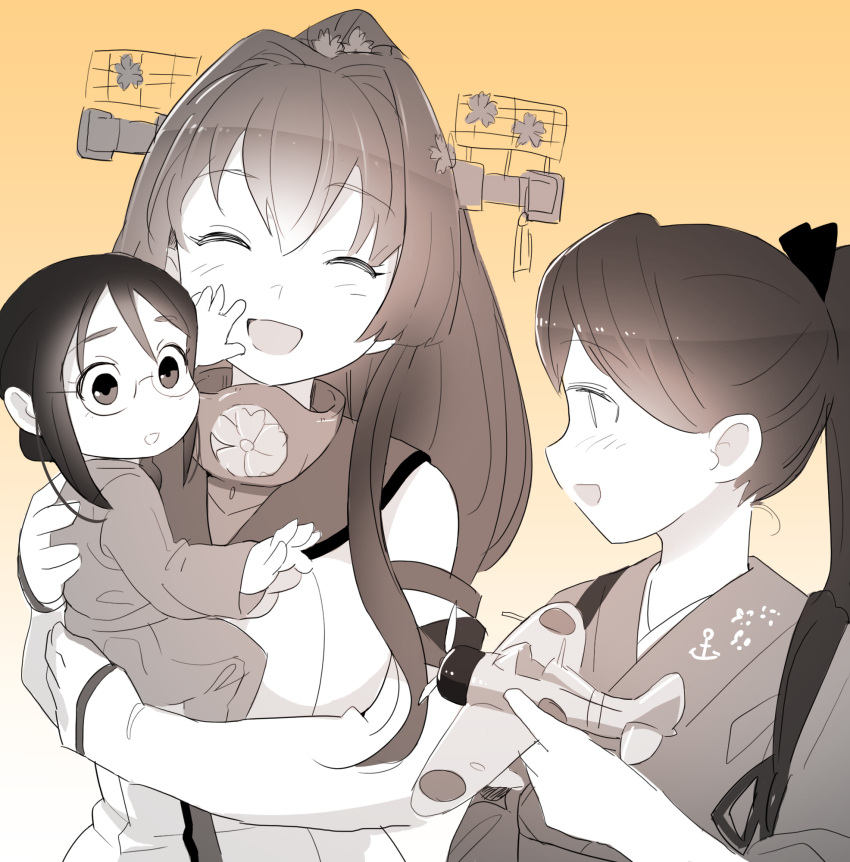 3girls, aircraft, baby, bangs, breasts, closed_eyes, detached_sleeves, eyebrows_visible_through_hair, glasses, hair_between_eyes, hair_ribbon, headgear, highres, holding, holding_baby, houshou_(kancolle), japanese_clothes, kantai_collection, long_hair, mizuki_kyou, monochrome, multiple_girls, open_mouth, ponytail, ribbon, shinano_(kancolle), simple_background, upper_body, yamato_(kancolle)