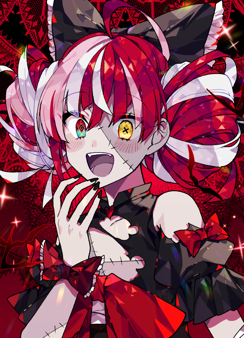 1girl, black_nails, bow, colored_skin, double_bun, eo_(dj0513), grey_skin, hair_bow