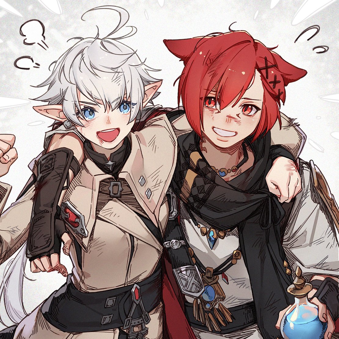 >:), 1boy, 1girl, ahoge, alisaie_leveilleur, animal_ears, arm_around_neck, bangs