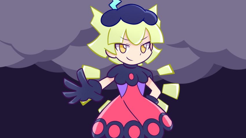 animated, animated_gif, black_gloves, blonde_hair, clouds, gloves, imrqueso, long_skirt, marle_(puyopuyo), neckwear, pink_skirt, puyopuyo, puyopuyo_tetris, skirt, smile, smug, tetris, thunder, wings, yellow_eyes