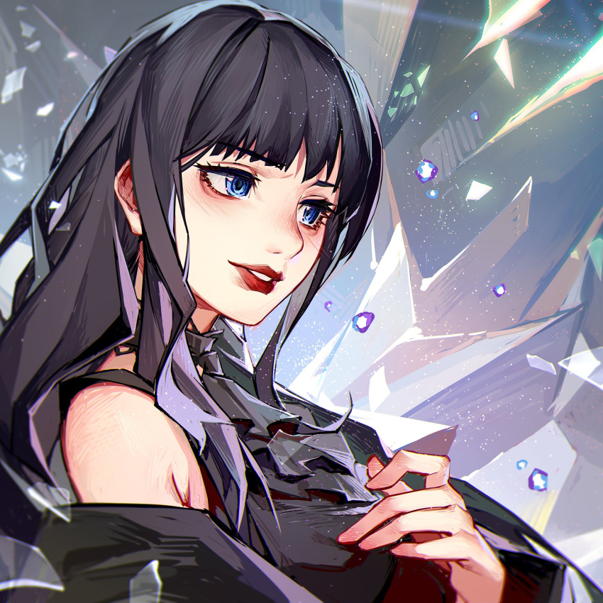 1girl, bangs, bare_shoulders, black_dress, black_hair, blue_eyes, blunt_bangs, choker